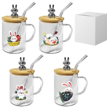 73-2219 Κούπα με Καλαμάκι Γυάλινη Κλείνει με Ξύλο Happy Rabbit 10x8cm  400ml