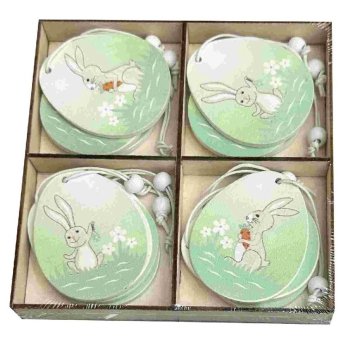 73-2185 Αυγα Ξύλινα Κρεμαστά Πράσινα με Λαγό σετ-12τεμ Ξύλινο κουτί-13x13cm