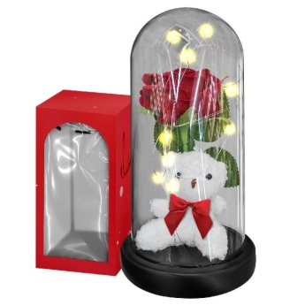 22-3090 Αρκούδος με Τριαντάφυλλο σε Γυάλα με φως 22x11cm