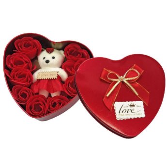 22-3051 Κουτί Καρδιά Μεγάλη 10 Τριαντάφυλλα  -  Αρκούδο 16x15x5cm