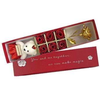 22-3055 Κουτί Μακρόστενο με Αρκούδο. Τριαντάφυλλα Κόκκινα  -  Χρυσό 33x7x5cm