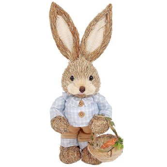 73-2163 Λαγός Όρθιος Ψάθινος Γαλάζιο Πουκάμισο Κρατάει Καλάθι 33x13x11cm