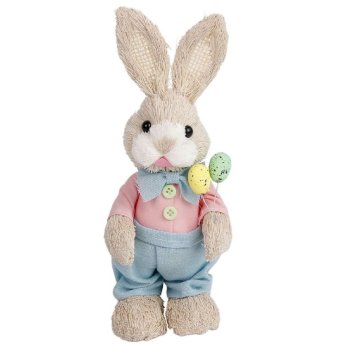 73-2281 Λαγός Όρθιος Ψάθινος ροζ Πουκάμισο KAI Παπιγιόν Κρατάει Αυγά 23x8x8cm