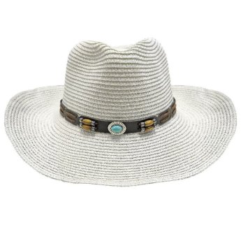 42-3328 Καπέλο Ψαθόχαρτο Cowboy Δέρμα-Πέτρα Λευκό o39cm